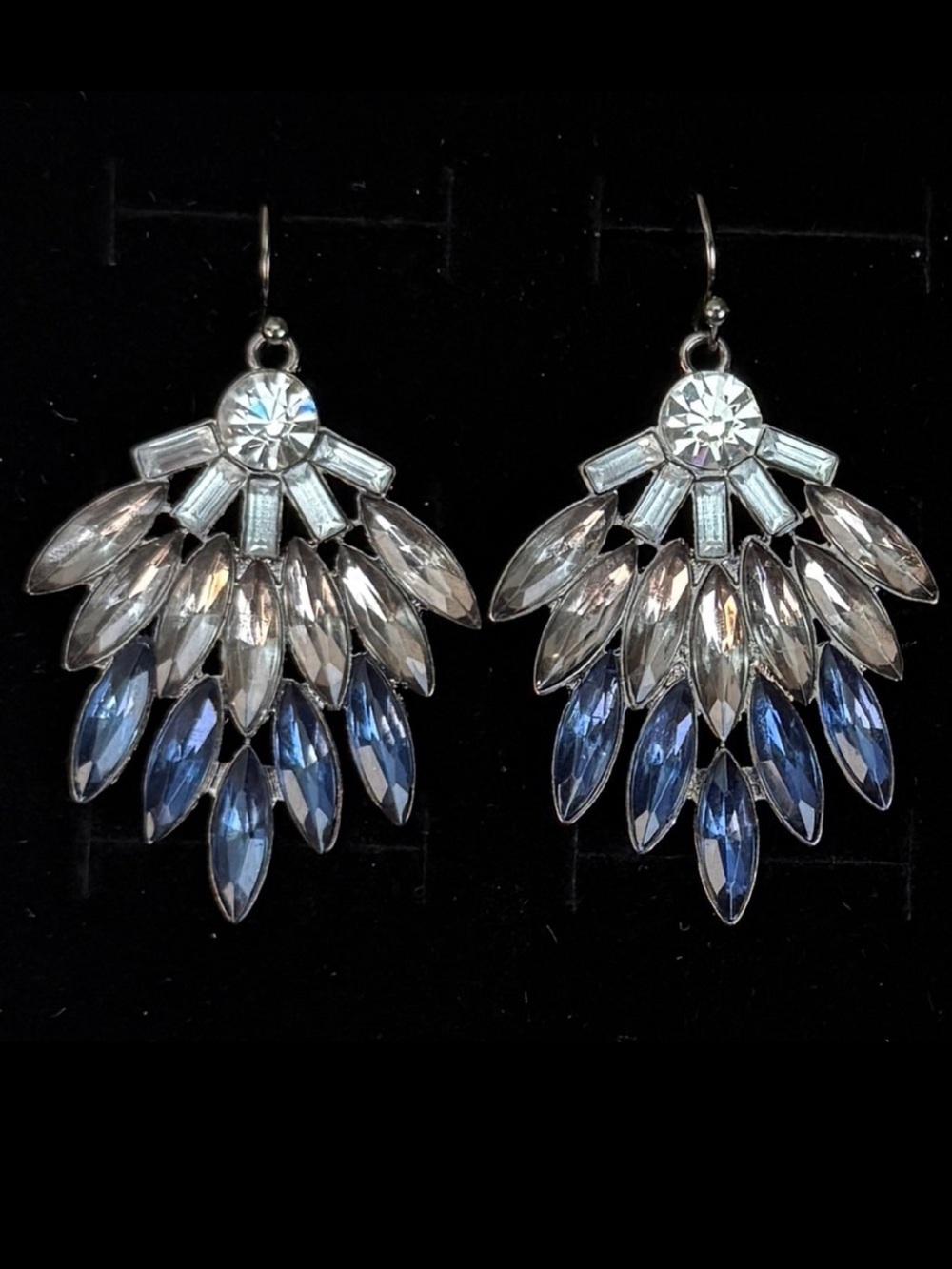 Vintage clear, gray, blue graduating bling gunmetal weighted pierced earrings